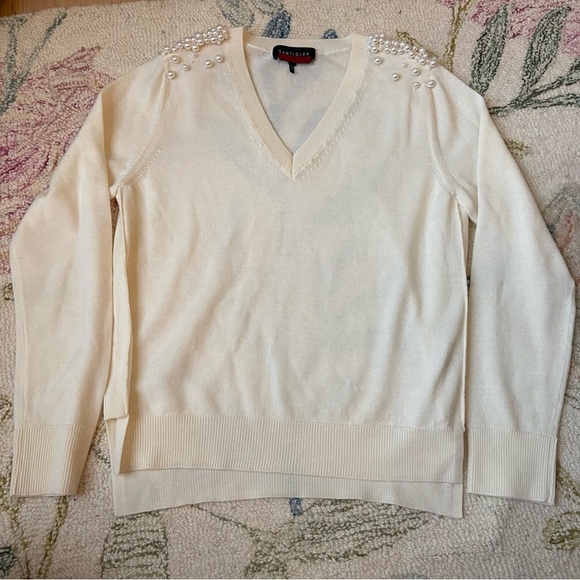 SANTICLER JULIA V-NECK PULLOVER WITH PEARL BEADING IN CREAM Sz 1 - Picture 4 of 9